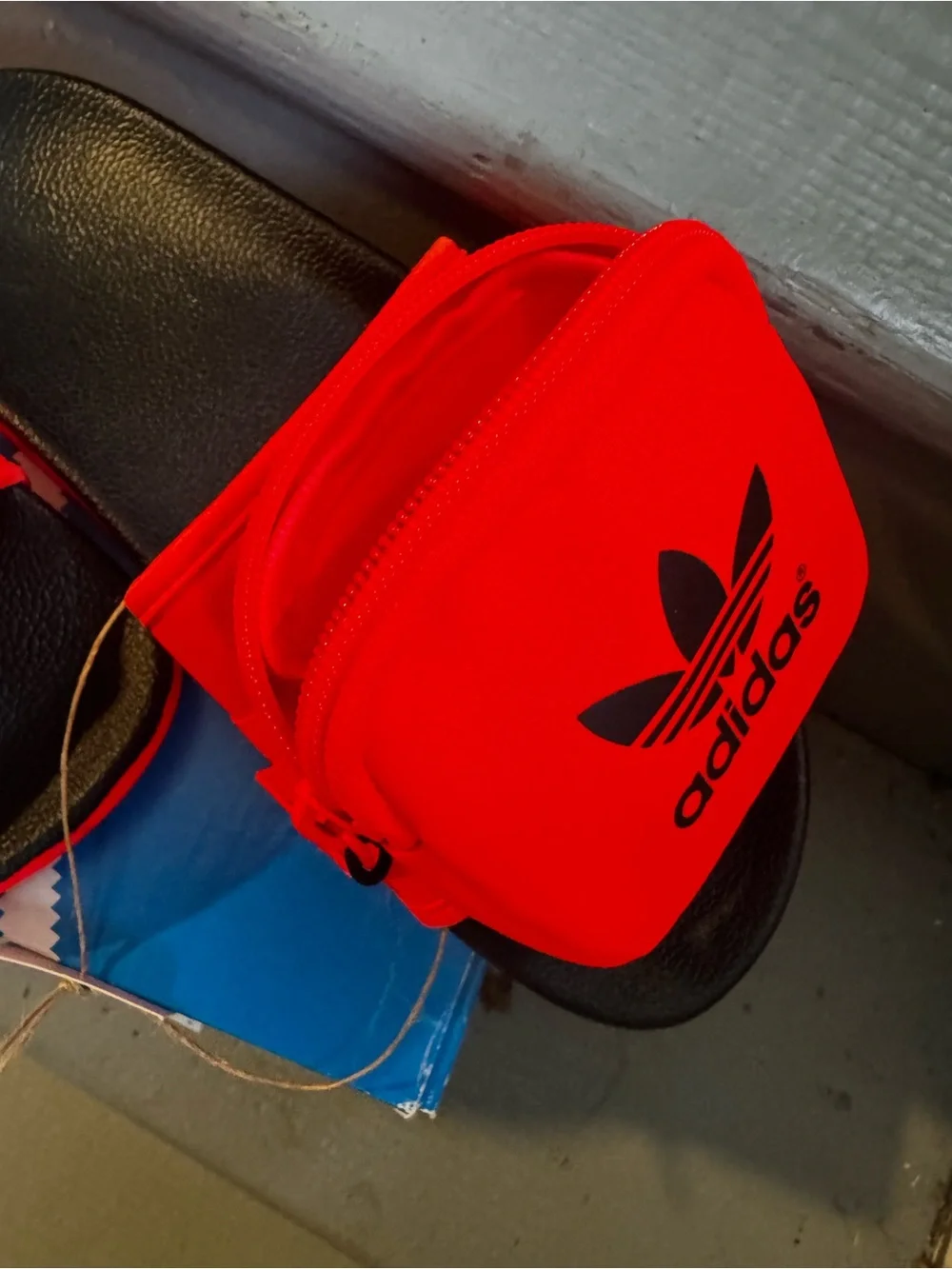 adidas Red Slide Sandals with Black Footbed and Zip Pouch - Picture 5 of 7